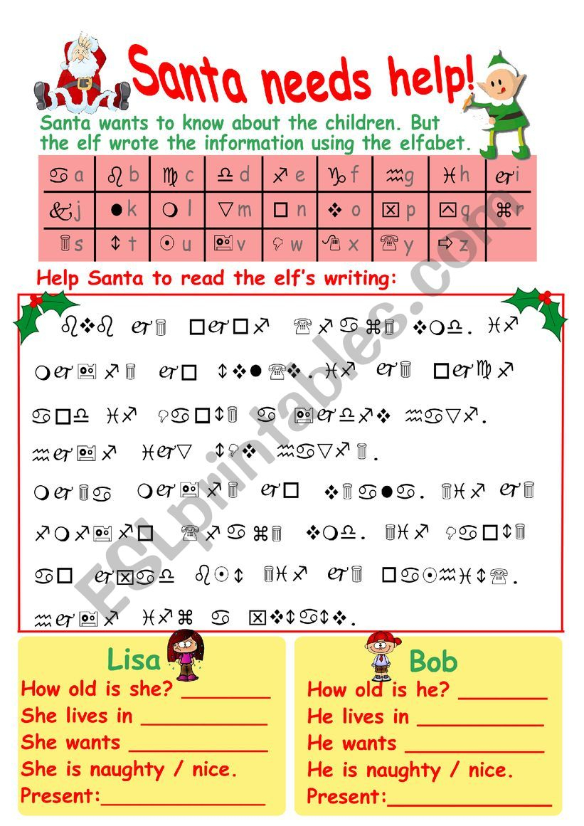 Christmas Elfabet Codebreaker Worksheet - Esl Worksheet