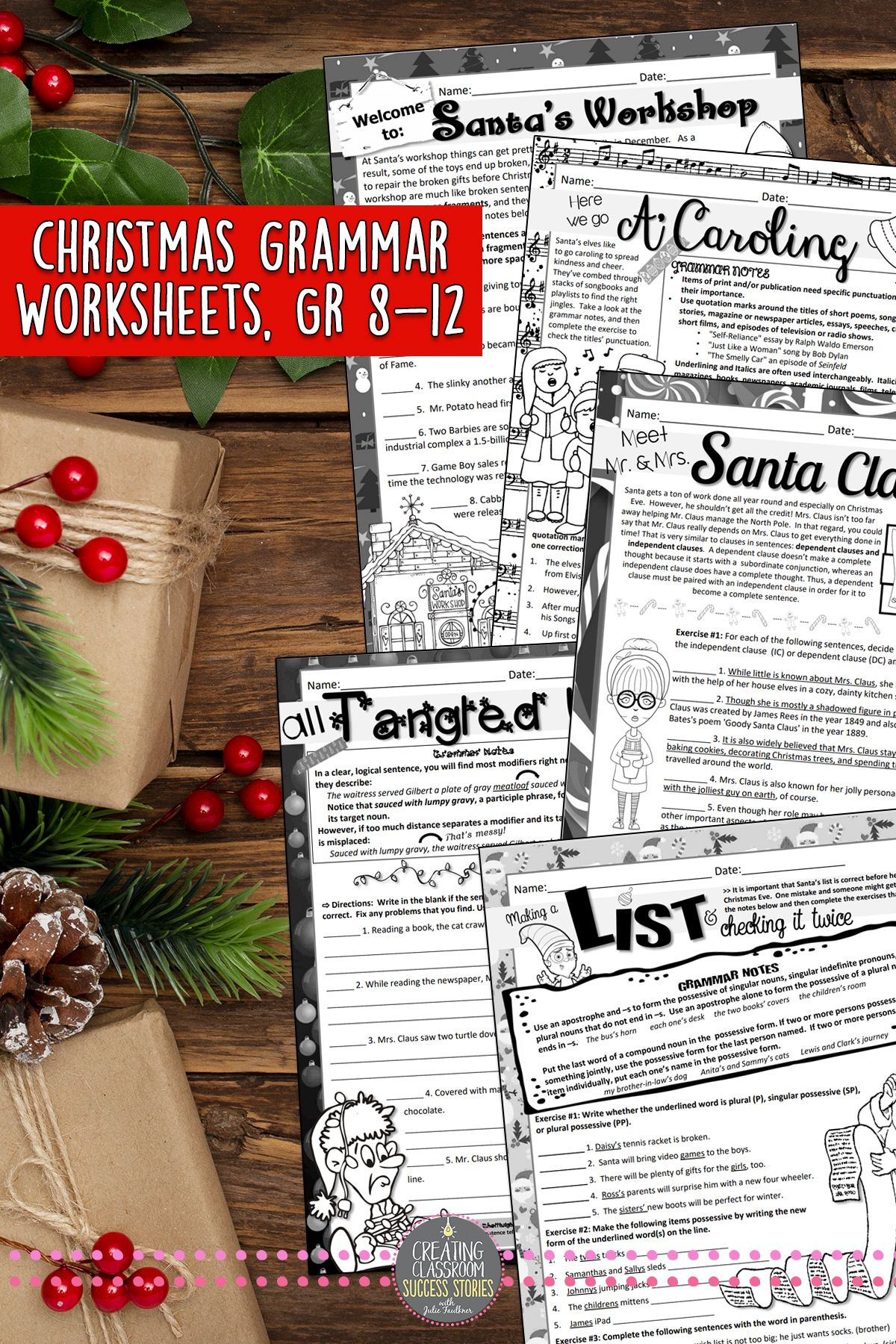 Christmas Grammar Worksheets, No Prep, Middle And High