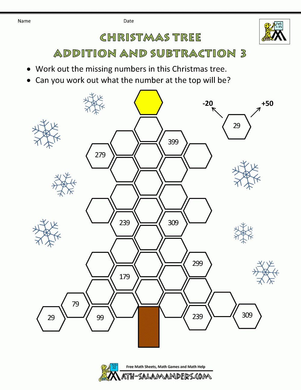 Christmas Math Worksheet Tree Addition Subtraction 3