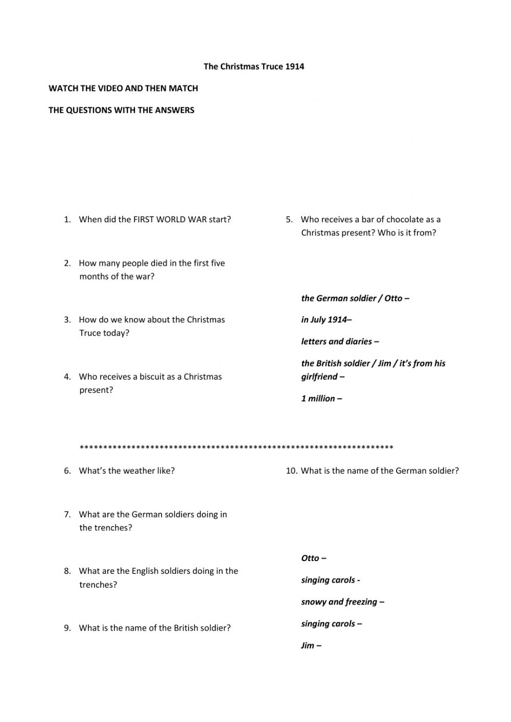 Christmas Truce - 1914 Worksheet