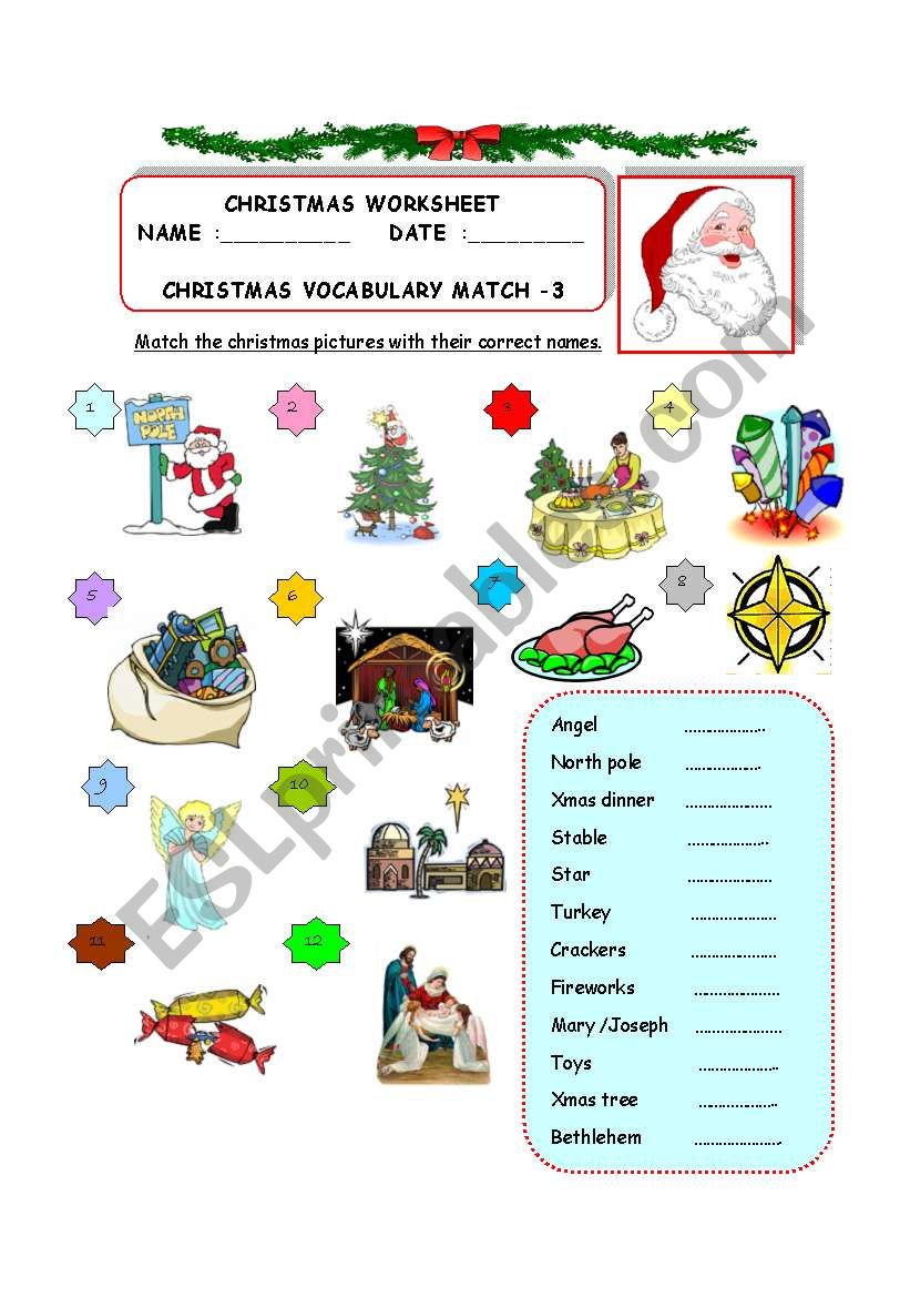 Christmas Vocabulary Match - 3 - Esl Worksheetzhlebor