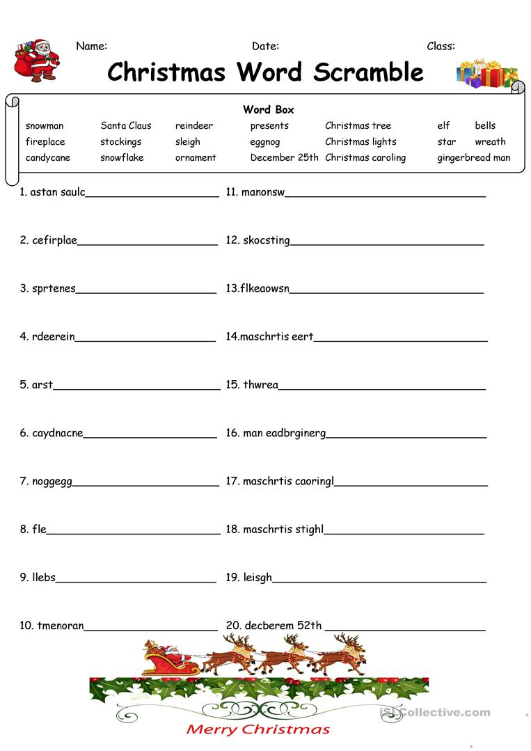 Christmas Word Scramble - English Esl Worksheets For