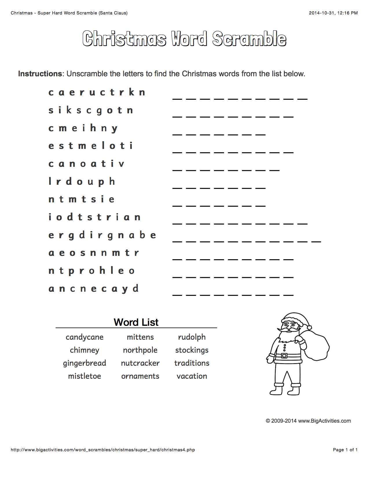 Christmas Word Scramble With Santa Claus. 4 Levels Of