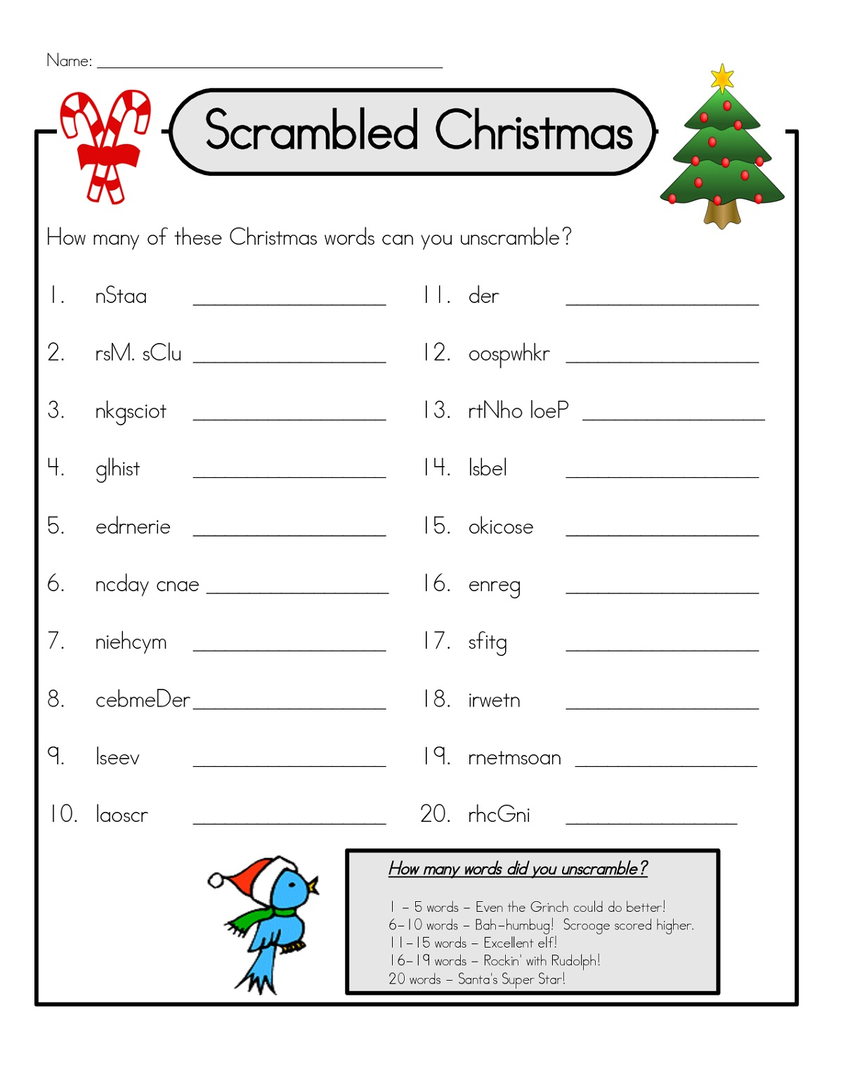Christmas Word Scramble Worksheets With Answers | Printable