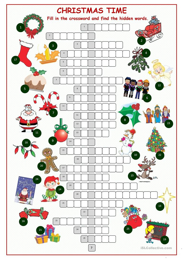 Christnas Time Crossword Puzzle - English Esl Worksheets For