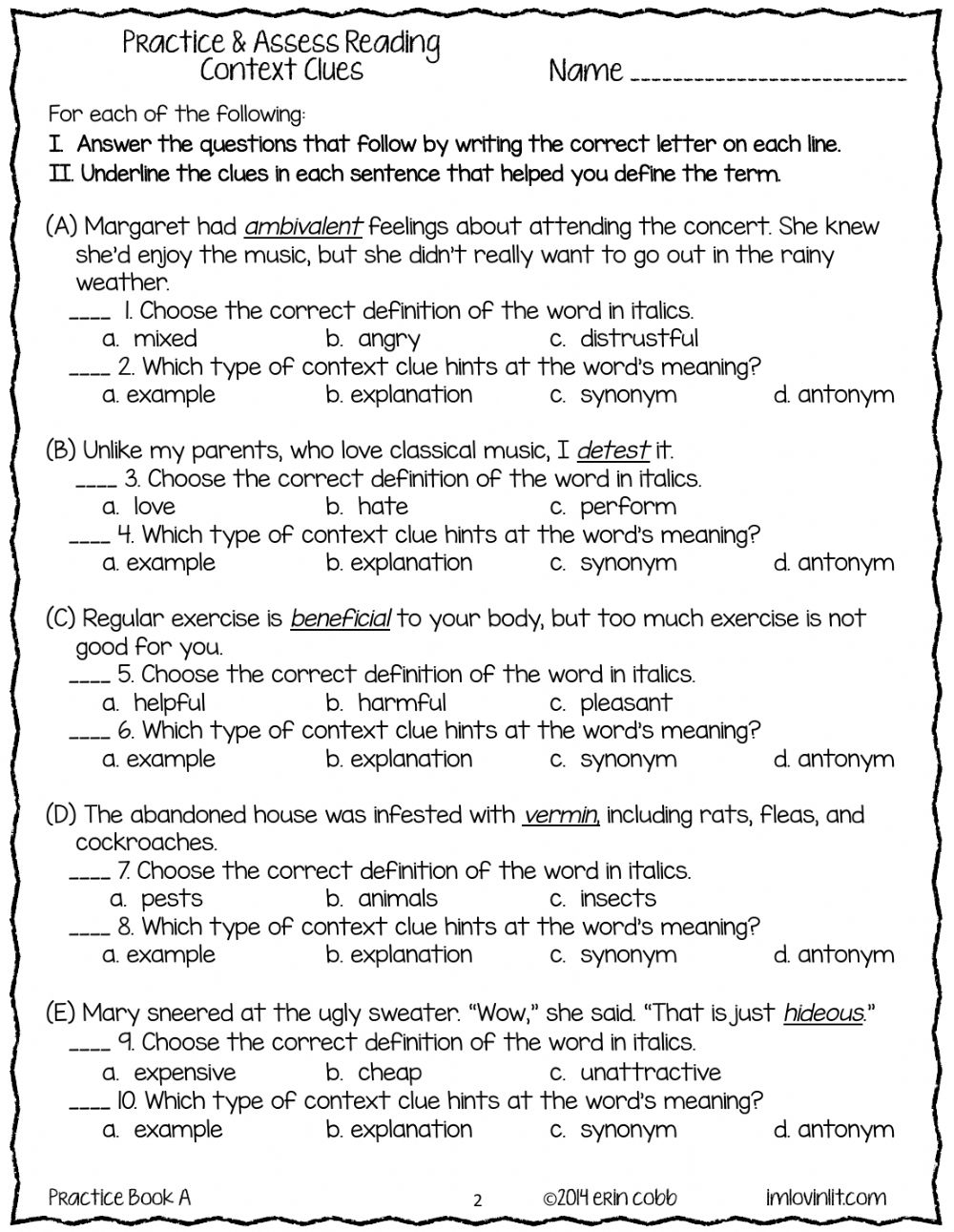 Context Clues Activity For 3-5