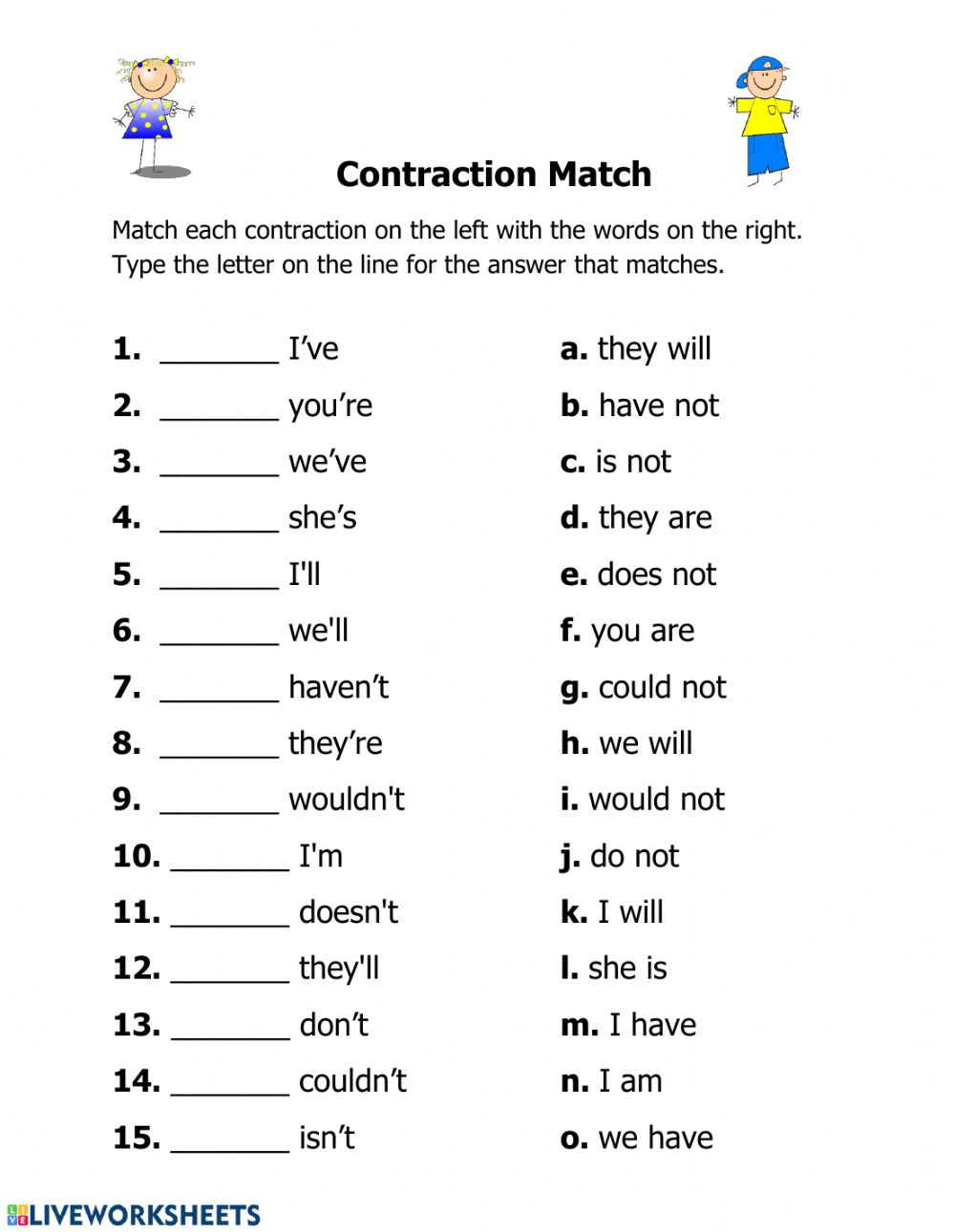 Contractions Matching Worksheet