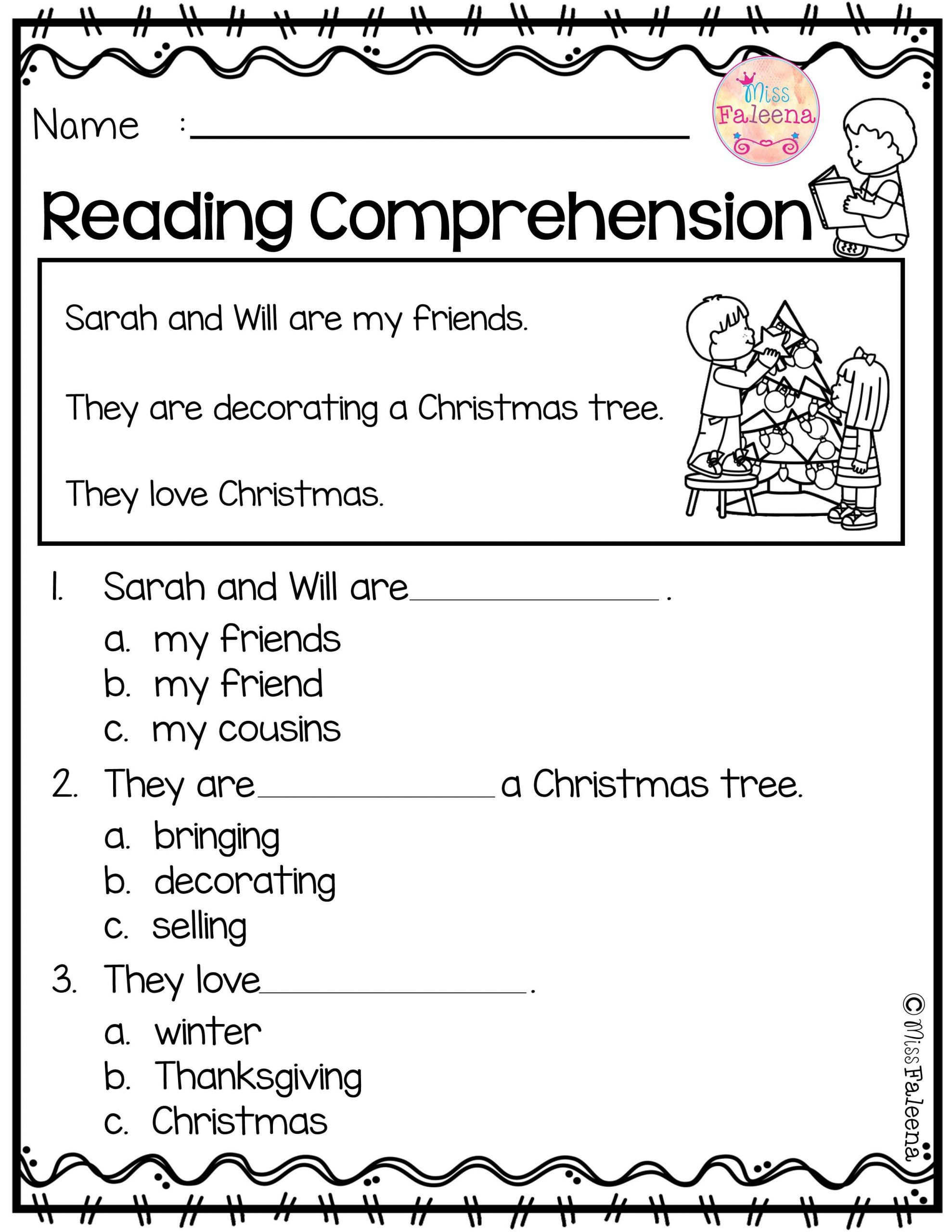 December Reading Comprehension Kindergarten Worksheets