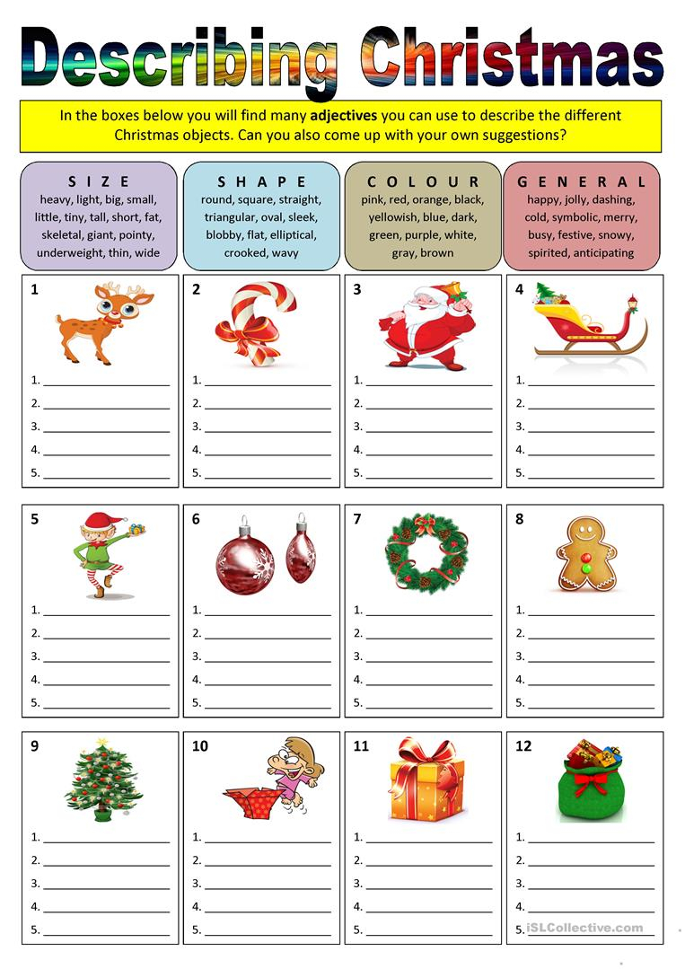 Describing Christmas (Adjectives) - English Esl Worksheets