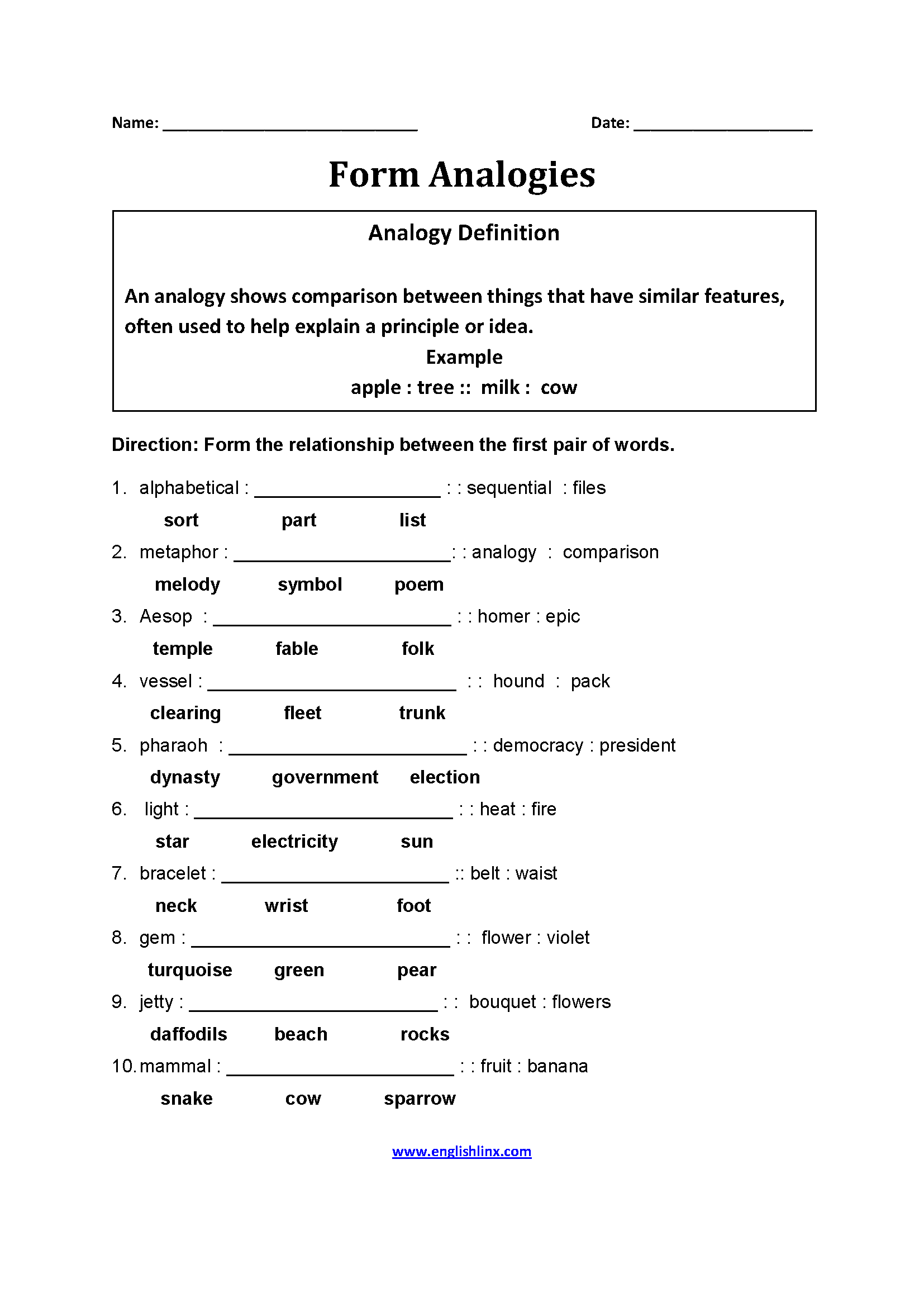 Englishlinx | Analogy Worksheets | Analogy, Worksheets