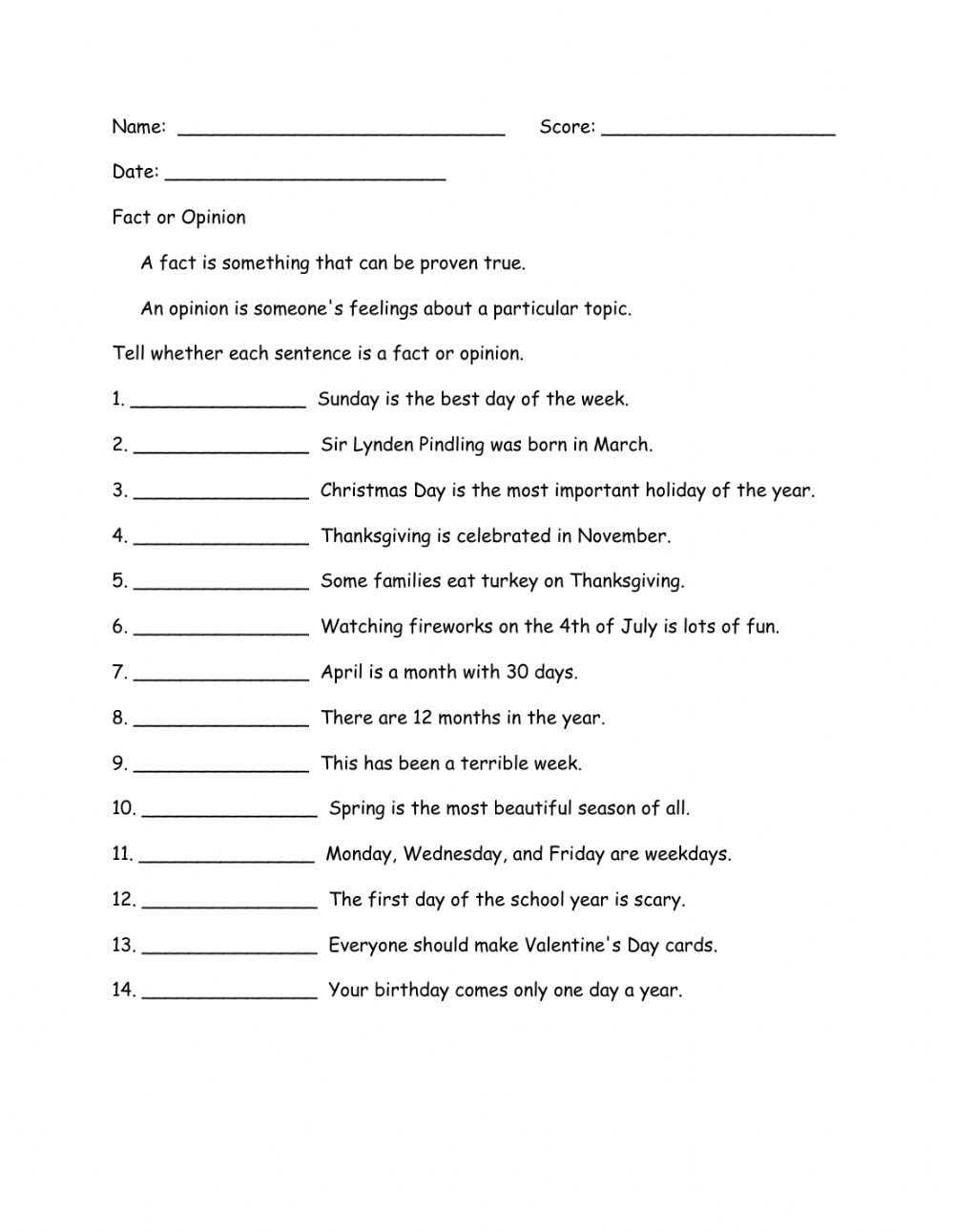 Fact And Opinion Online Worksheet