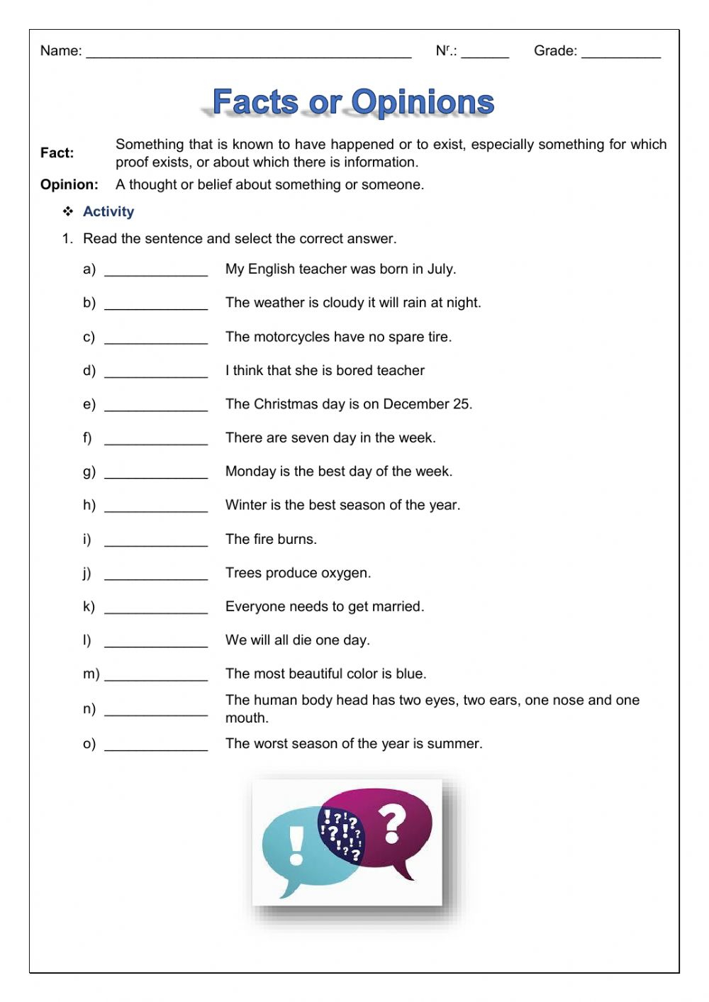 Facts Or Opinions Worksheet