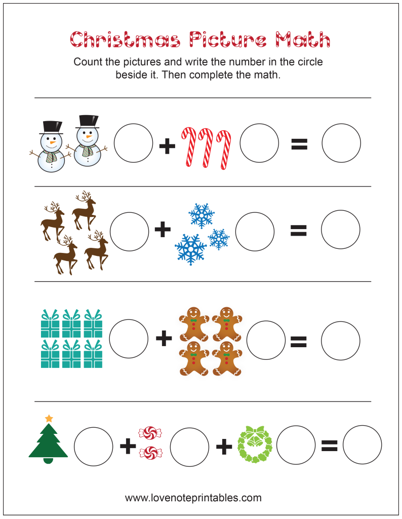 Free Christmas Themed Picture Math Worksheet - Love Note