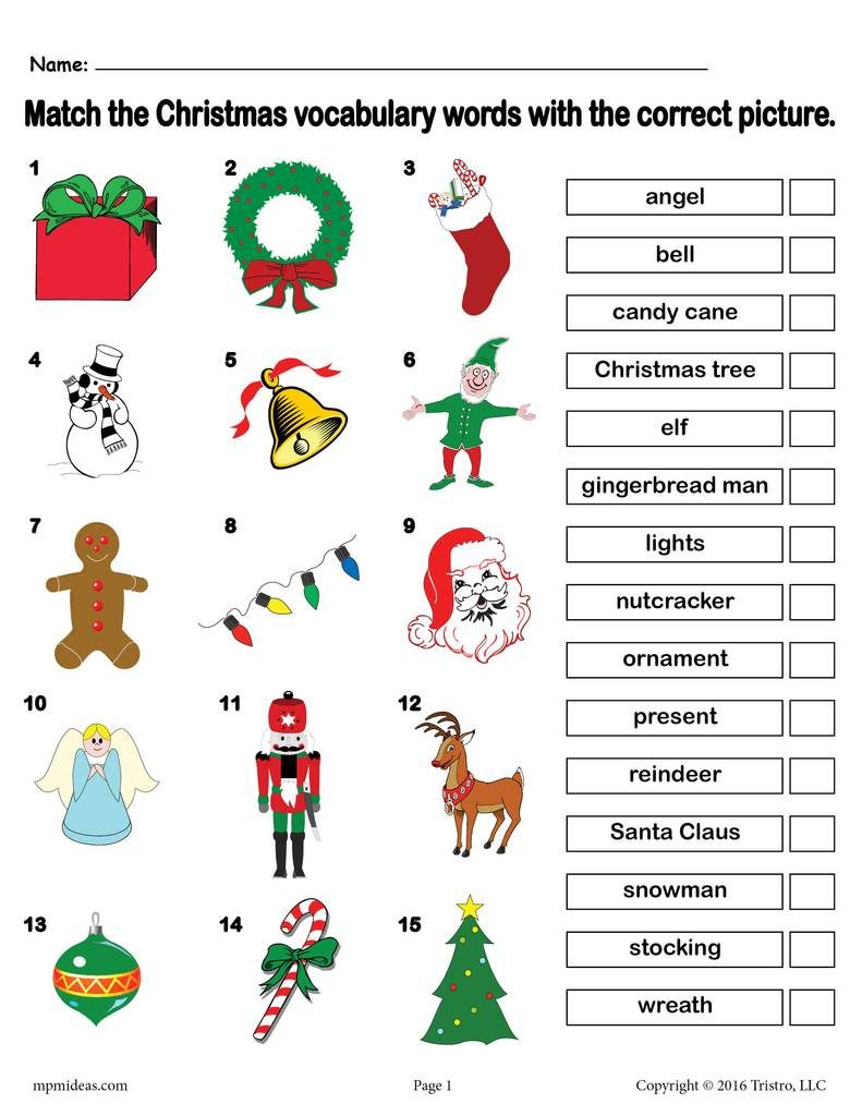 Free Printable Christmas Vocabulary Matching Worksheet