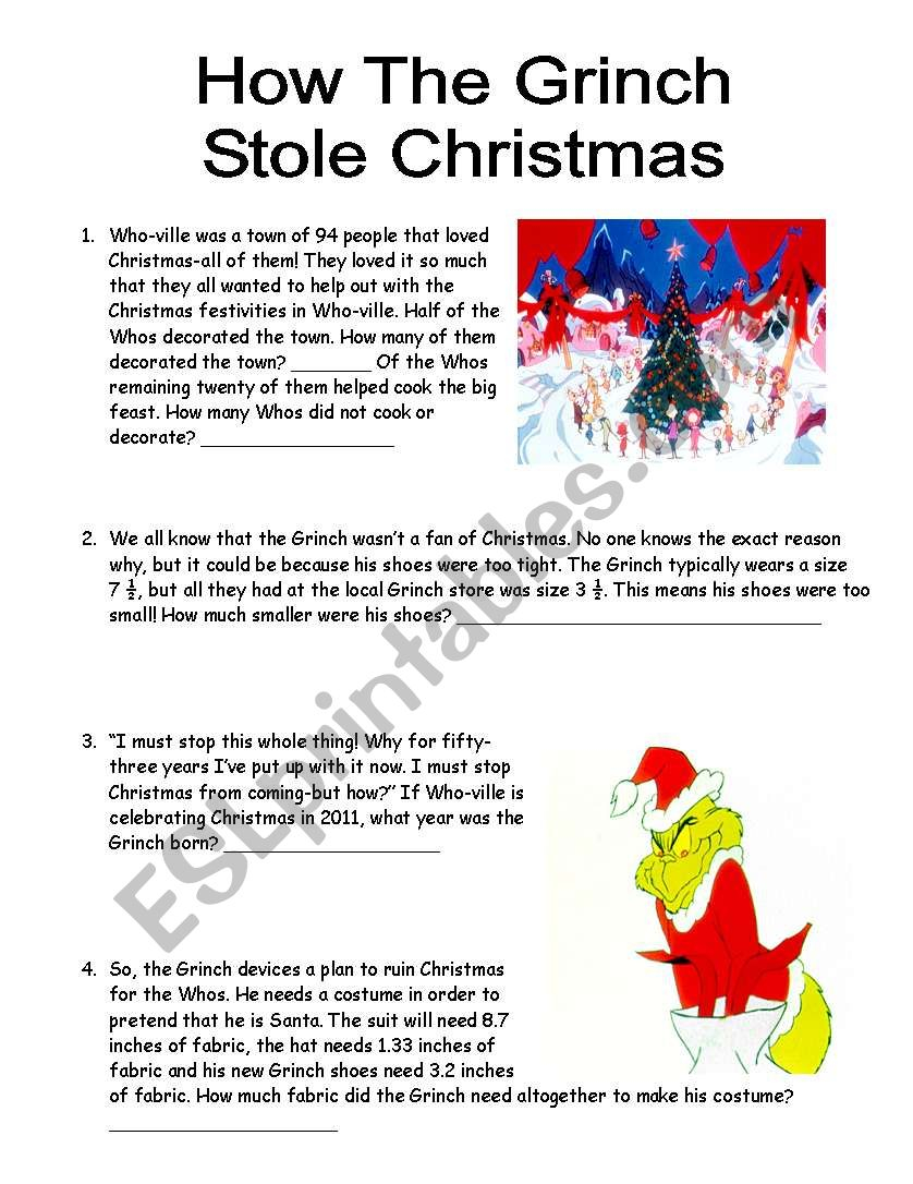 Grinch Math Word Problems - Esl Worksheetbbgovea09