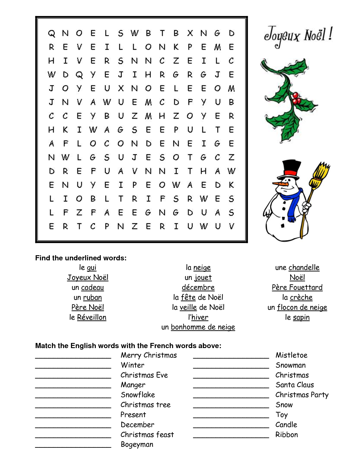 Hard Christmas Word Search Worksheets | French Christmas