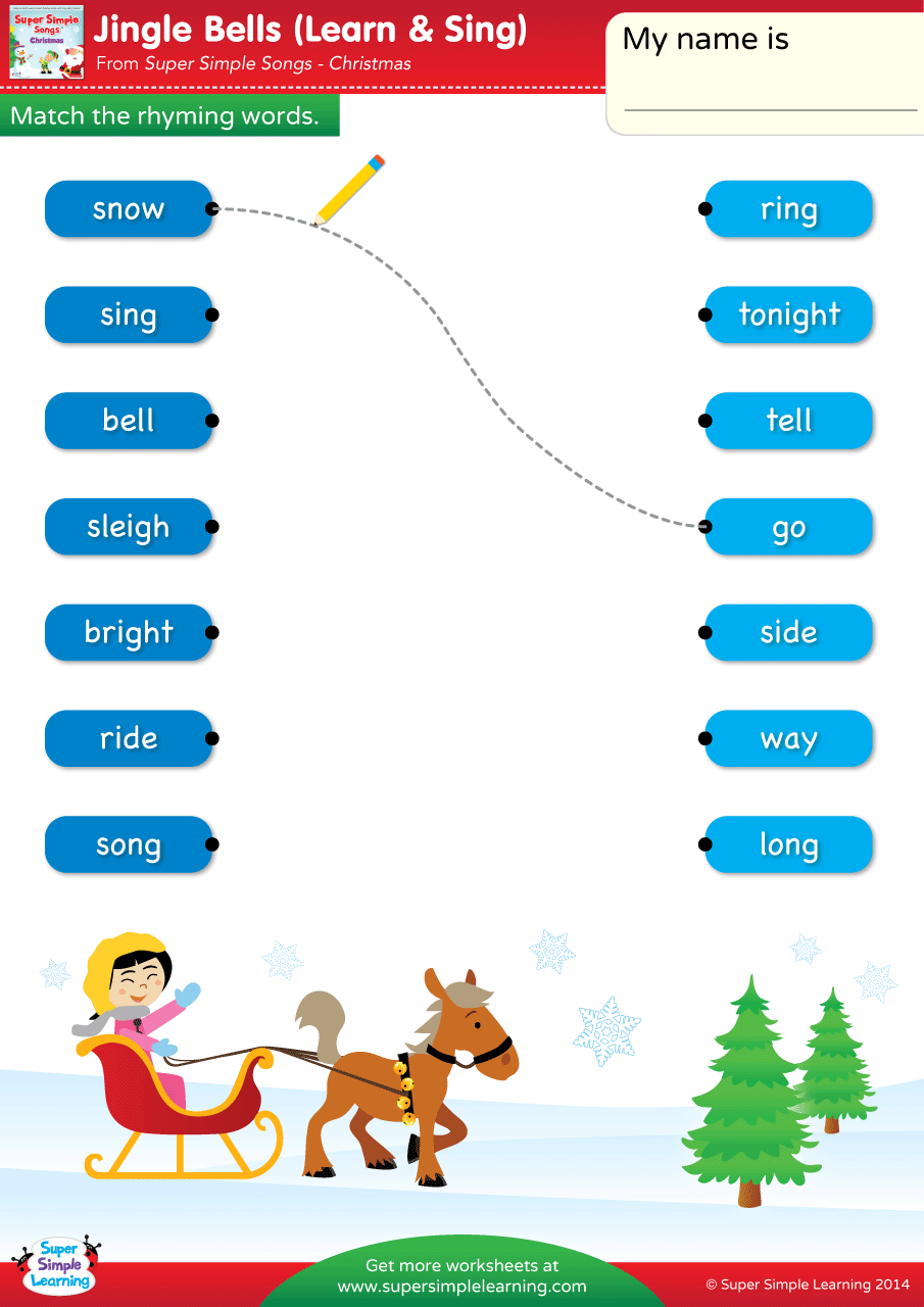 Jingle Bells Worksheet - Match The Rhyming Words - Super Simple