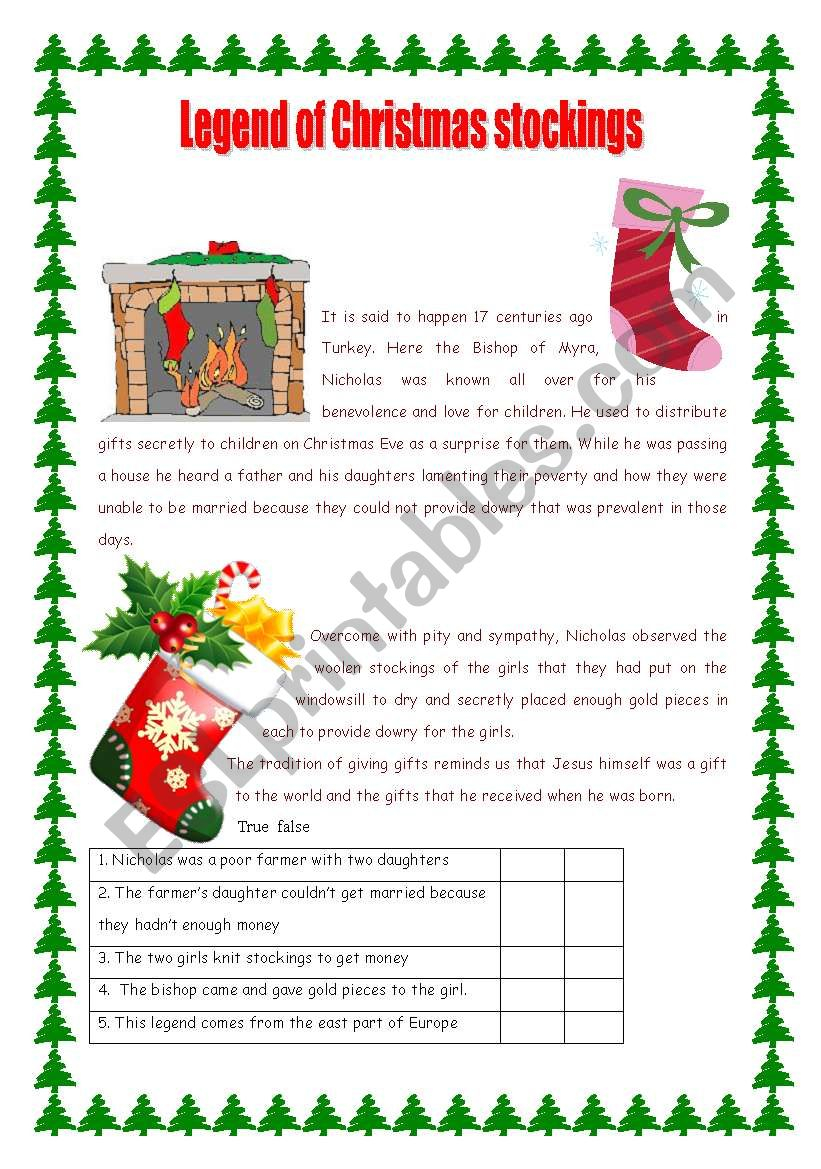 Legend Of Christmas Stockings - Esl Worksheetswissprof