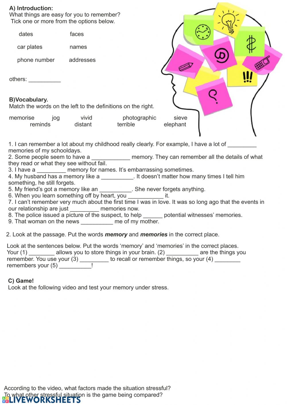 Memory Worksheet