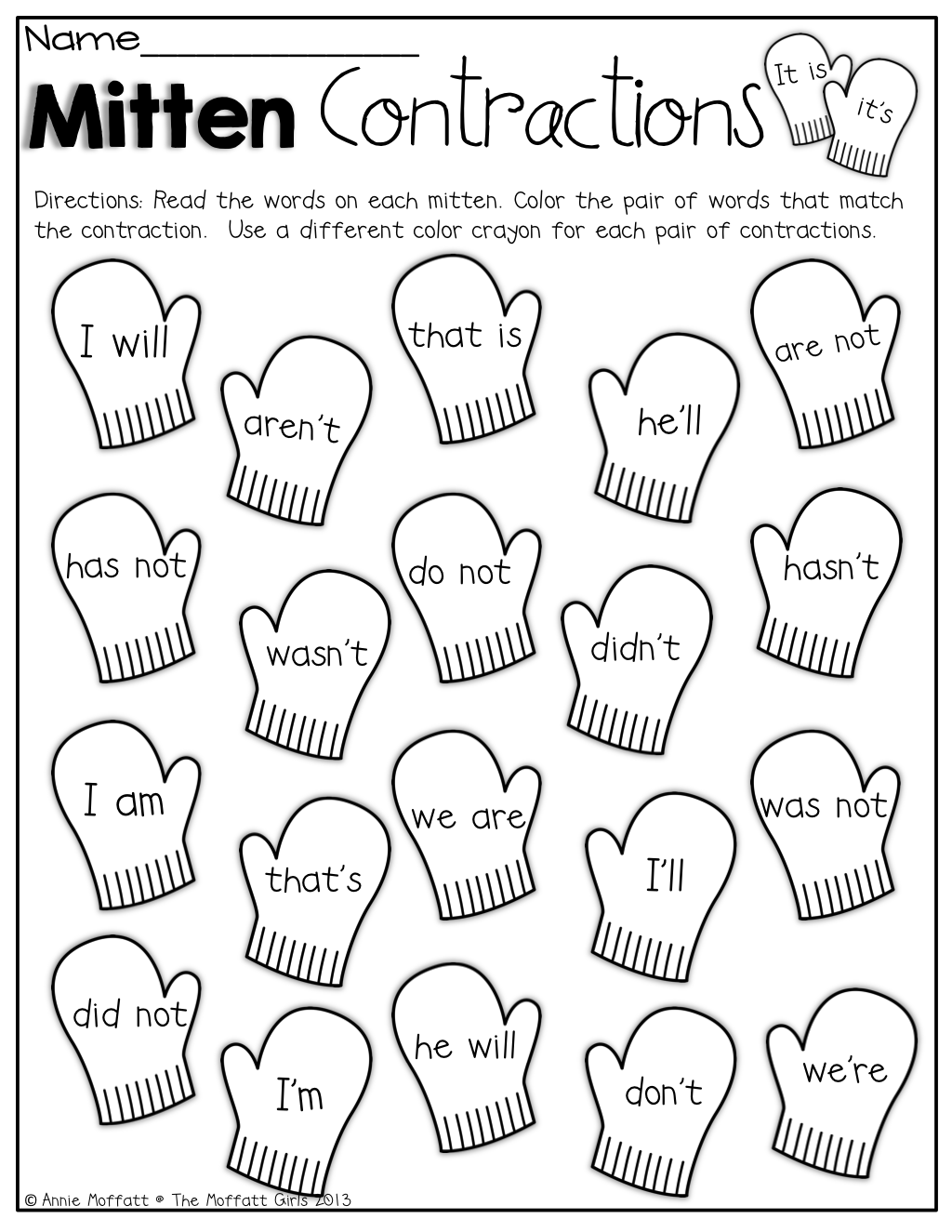 Mitten Contractions! Color The Pair Of Words That Match The