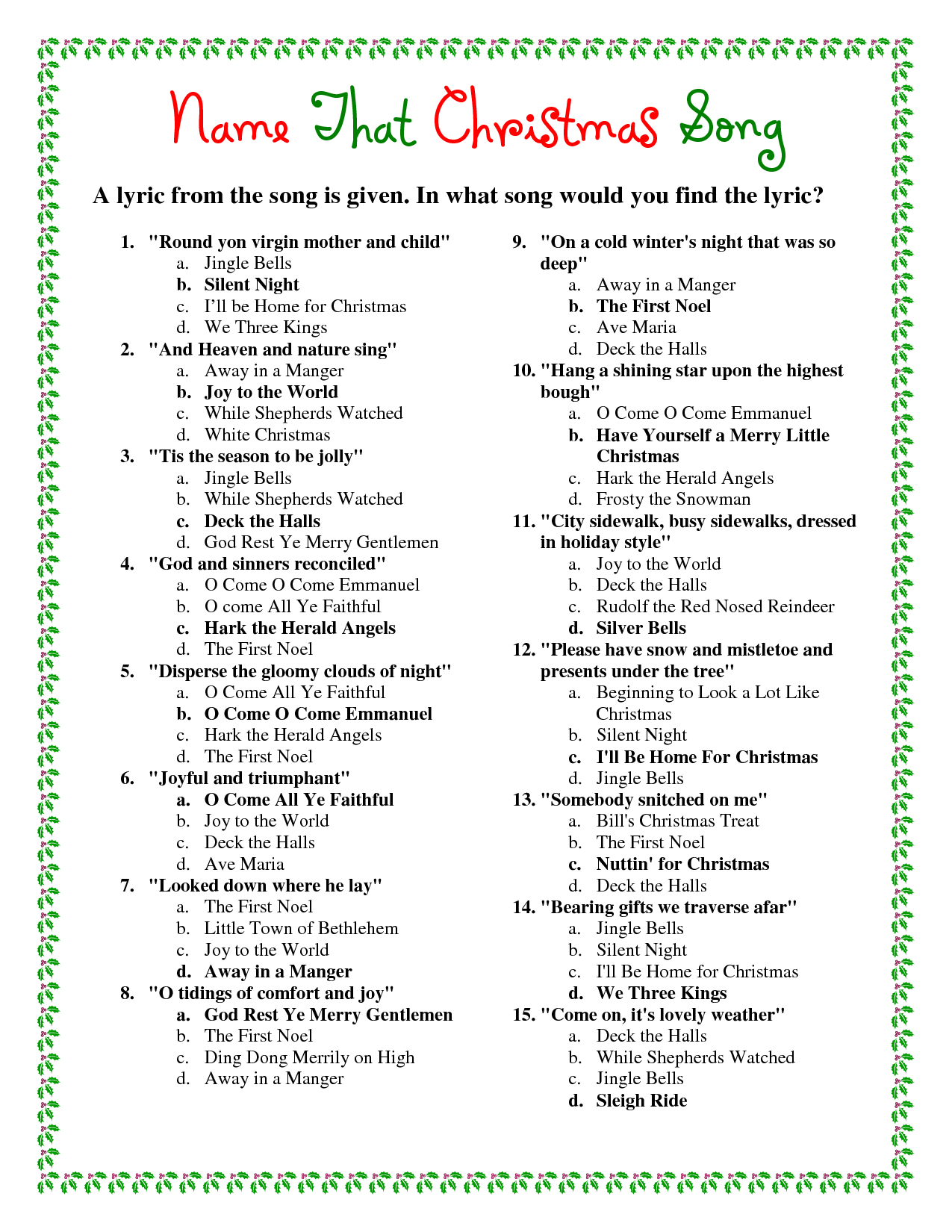 Printable Christmas Song Answers | Christmas Song Trivia