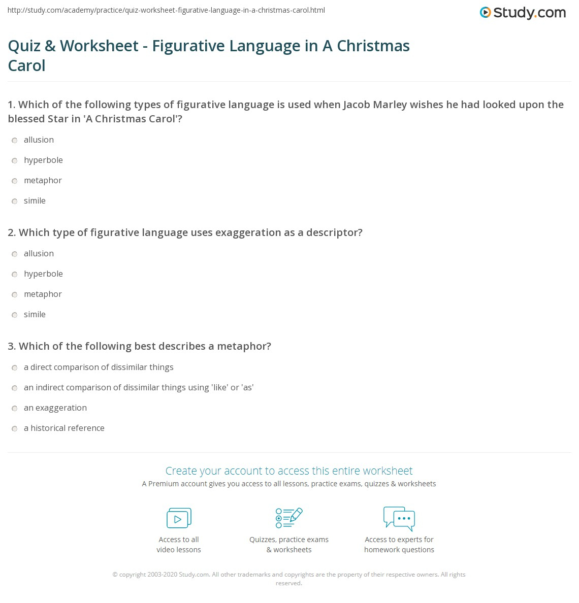 Quiz &amp;amp; Worksheet - Figurative Language In A Christmas Carol