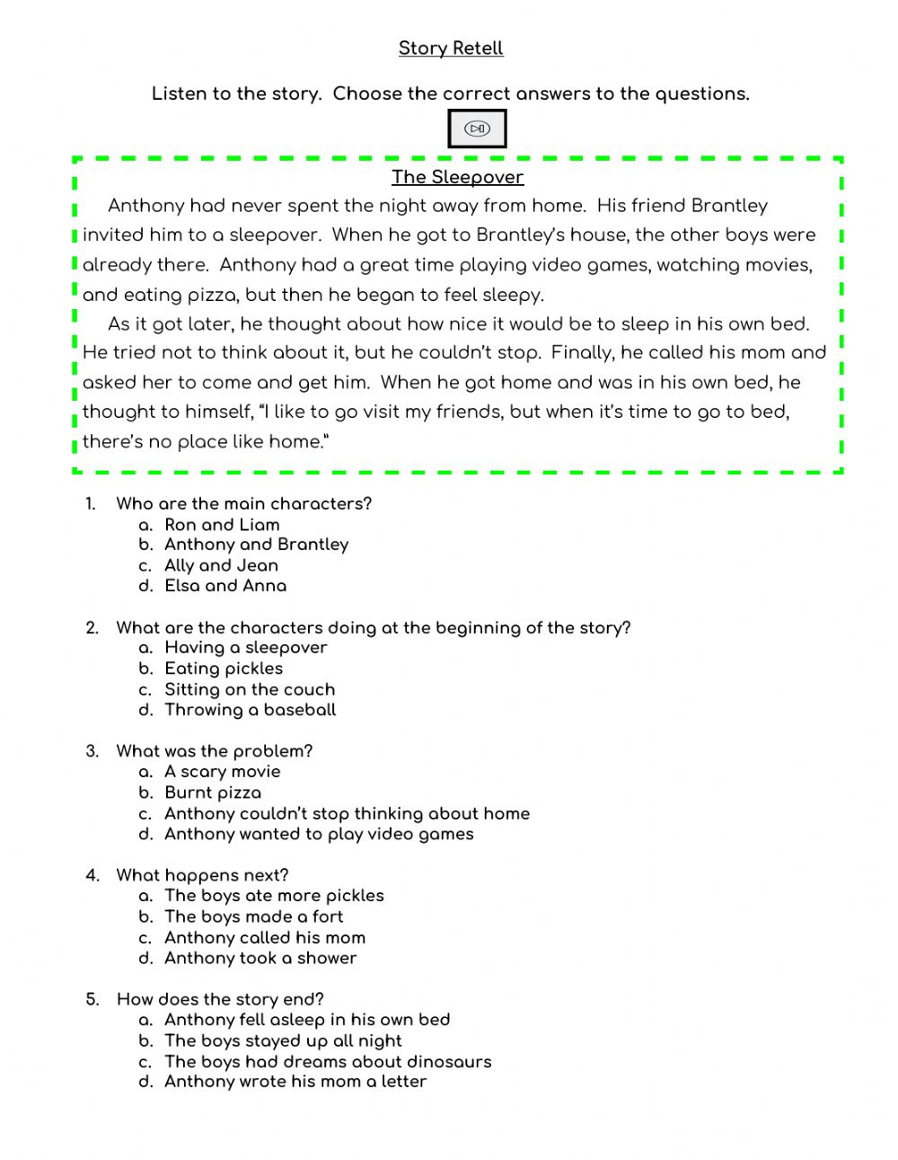 Story Retell-The Sleepover Worksheet