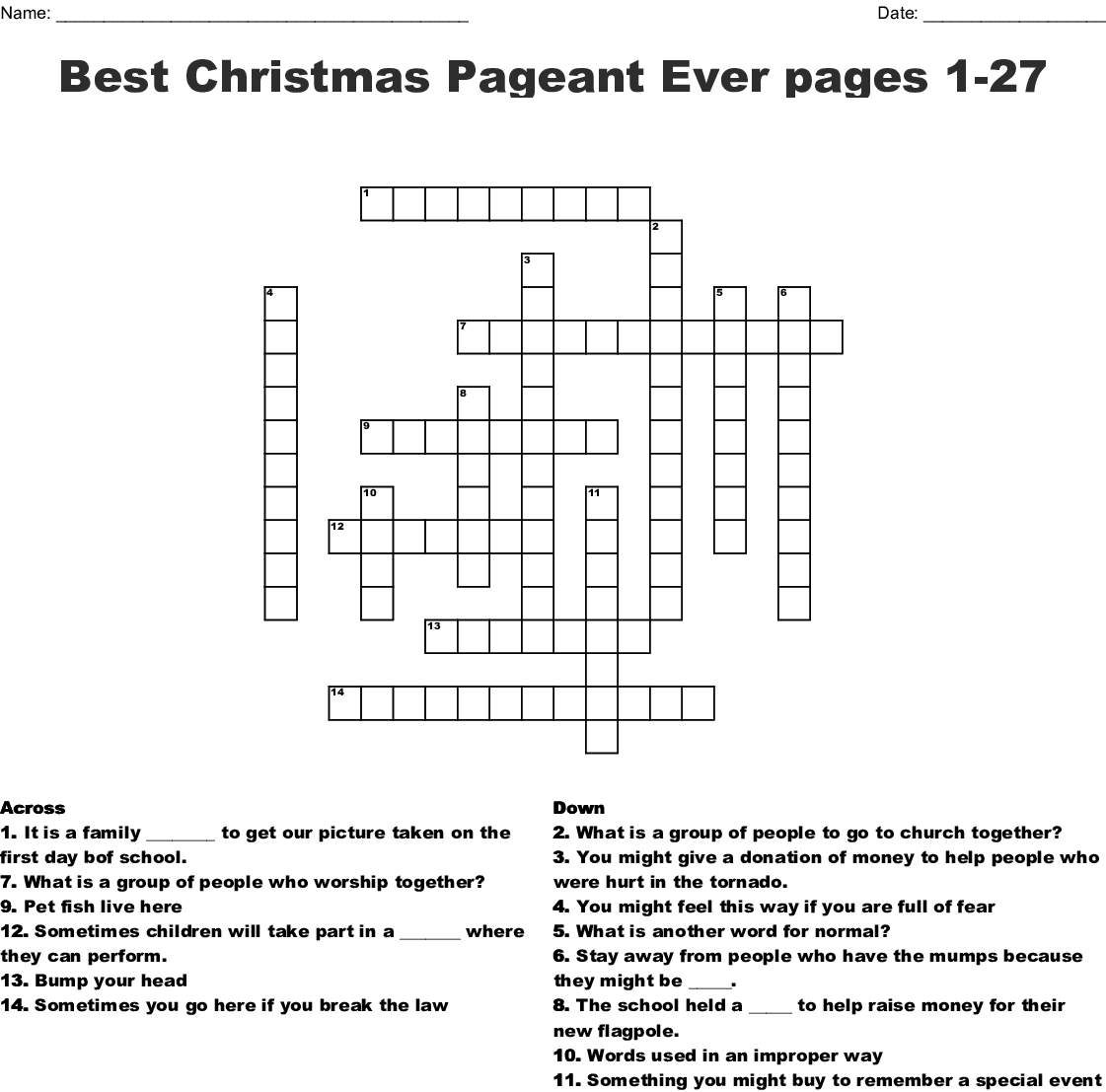 The Best Christmas Pageant Ever, Chapter 1 Crossword - Wordmint