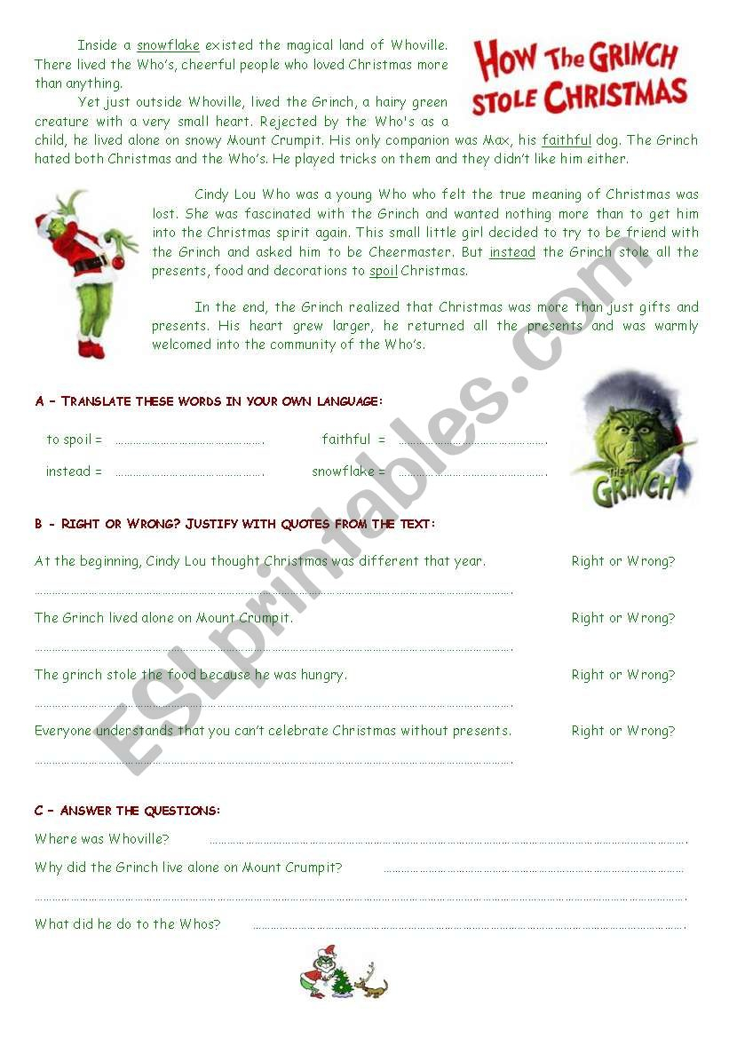 The Grinch - Reading Comprehension - Esl Worksheetestelle73