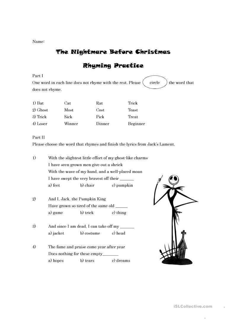 The Nightmare Before Christmas Rhyming Worksheet - English