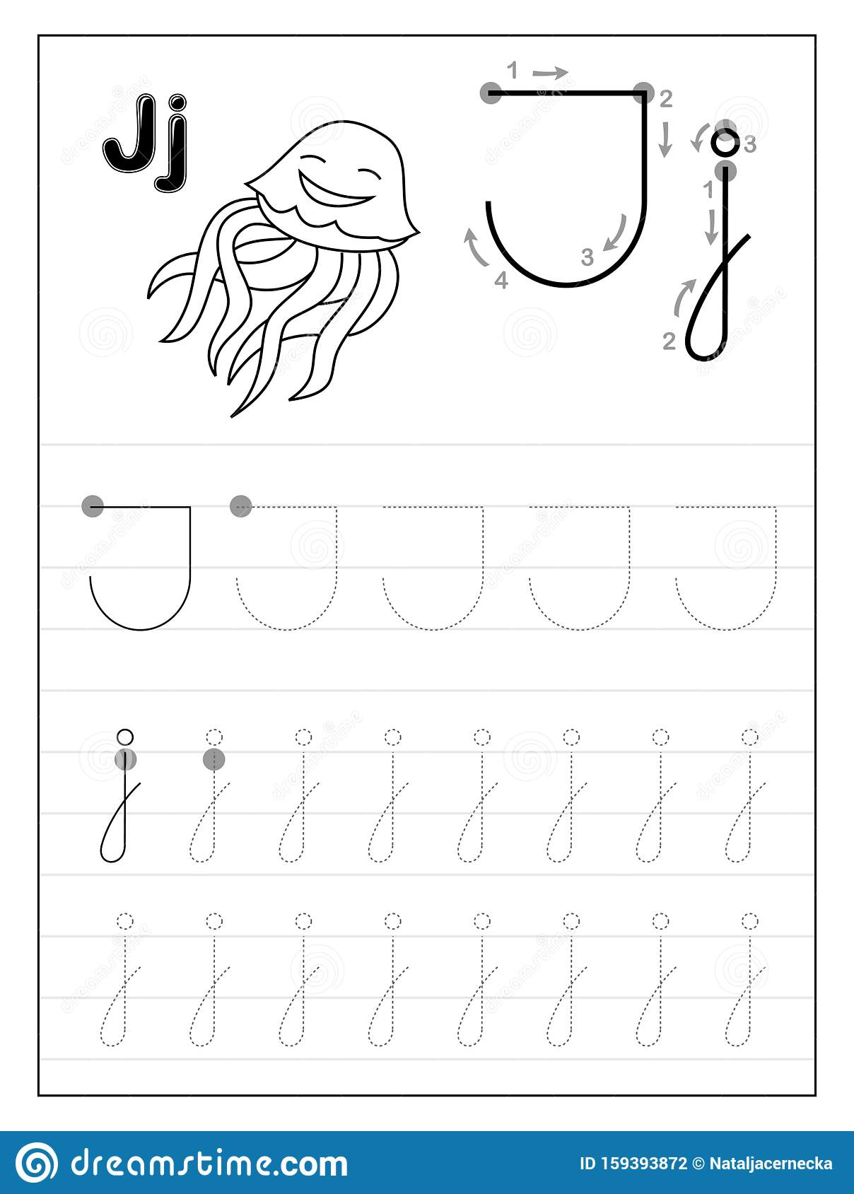Tracing Alphabet Letter J. Black And White Educational Pages