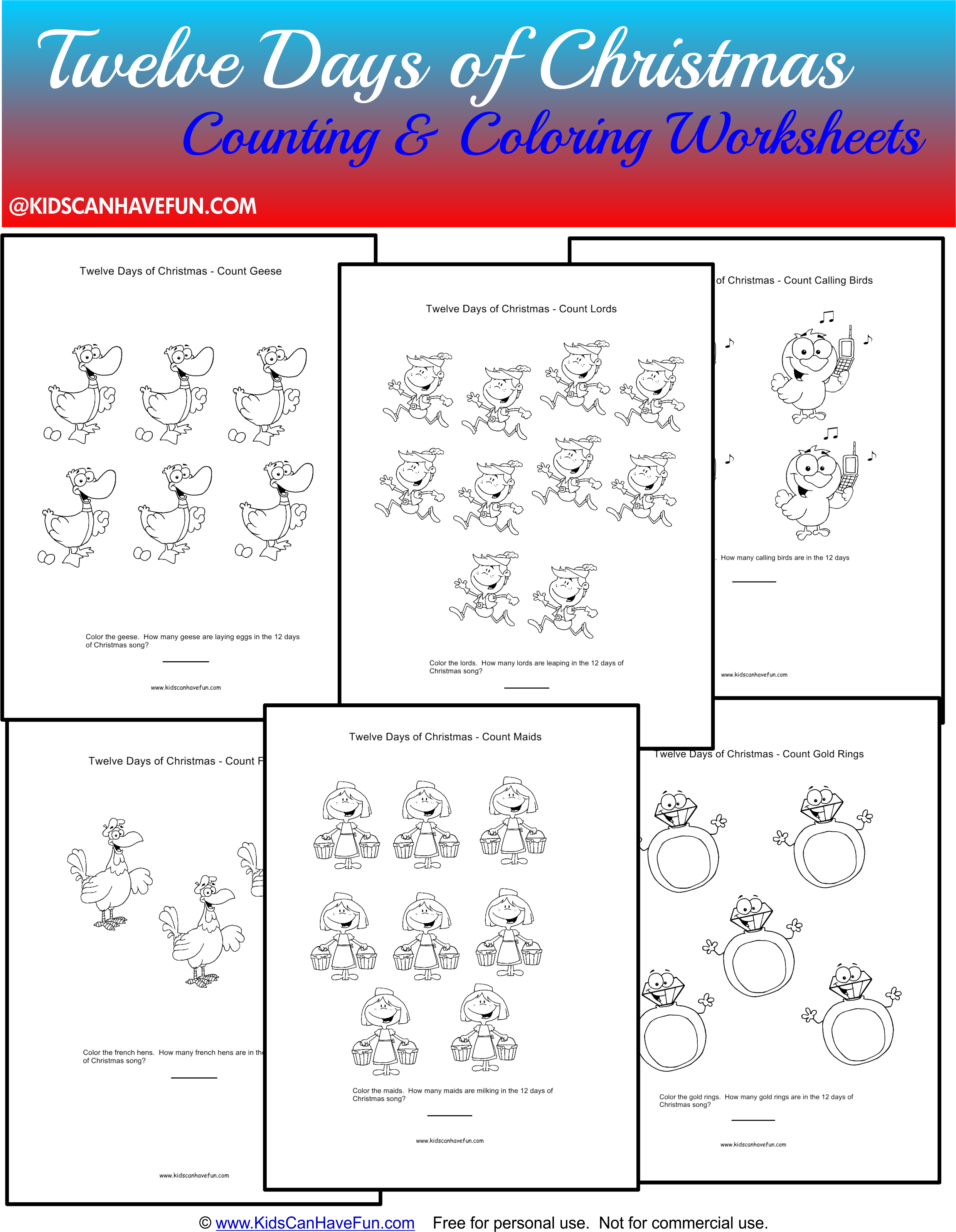 Twelve Days Of Christmas Counting &amp;amp; Coloring Worksheets Http