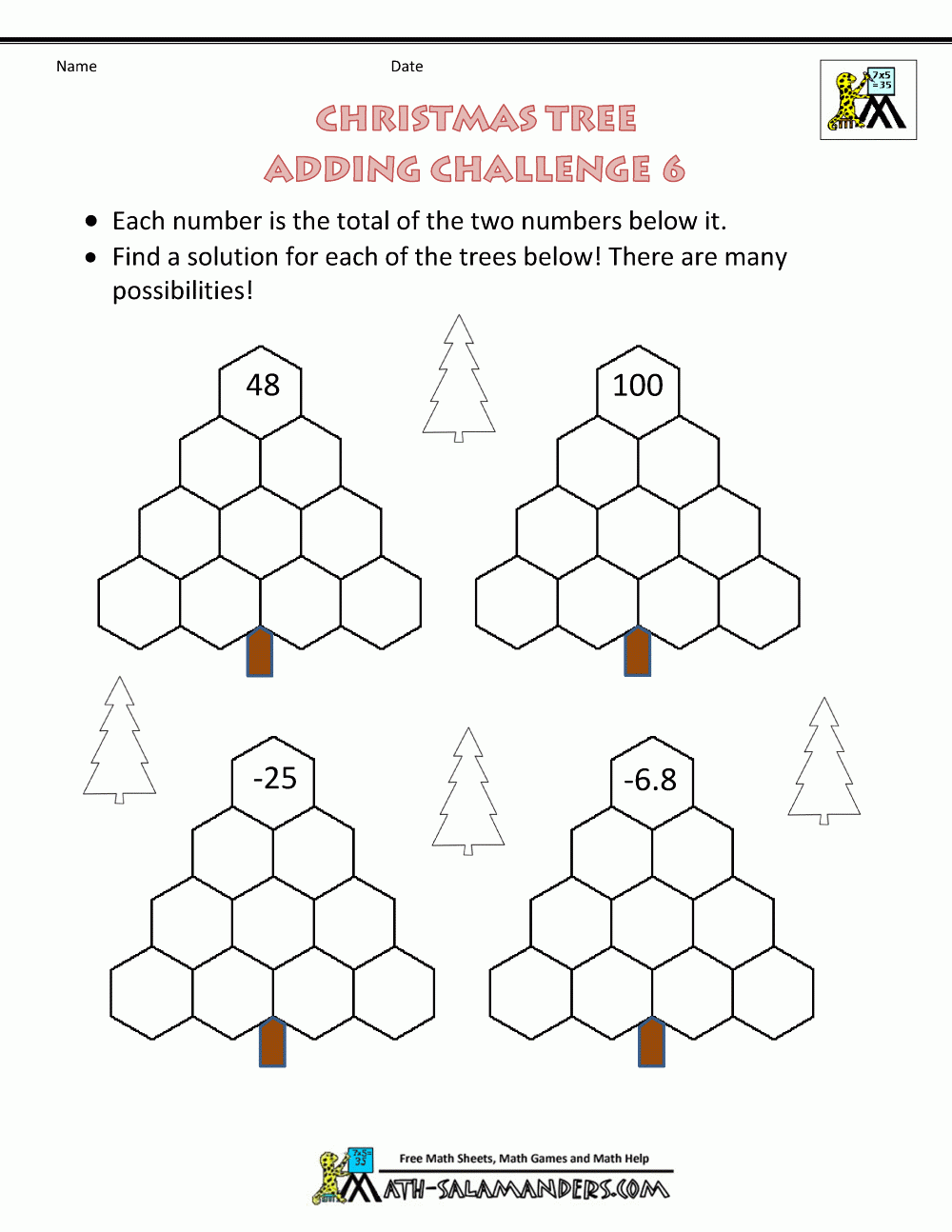 Xmas Maths Sheet Christmas Tree Adding Challenge 6
