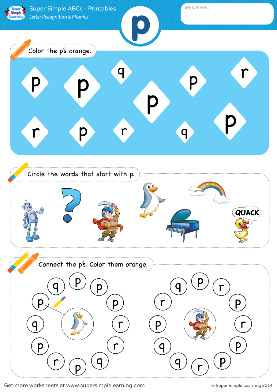 Letter Recognition Phonics Worksheet P lowercase 