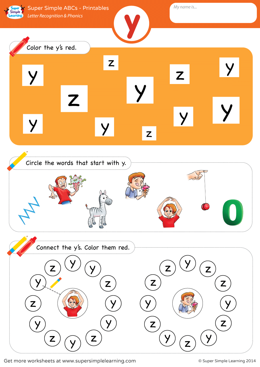 Letter Recognition Phonics Worksheet Y lowercase 