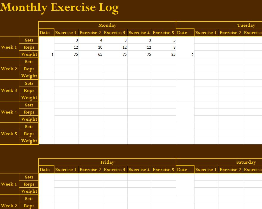Monthly Exercise Log My Excel Templates