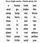 Children s Pre K Sight Words Dolch Words List Pdf Chart