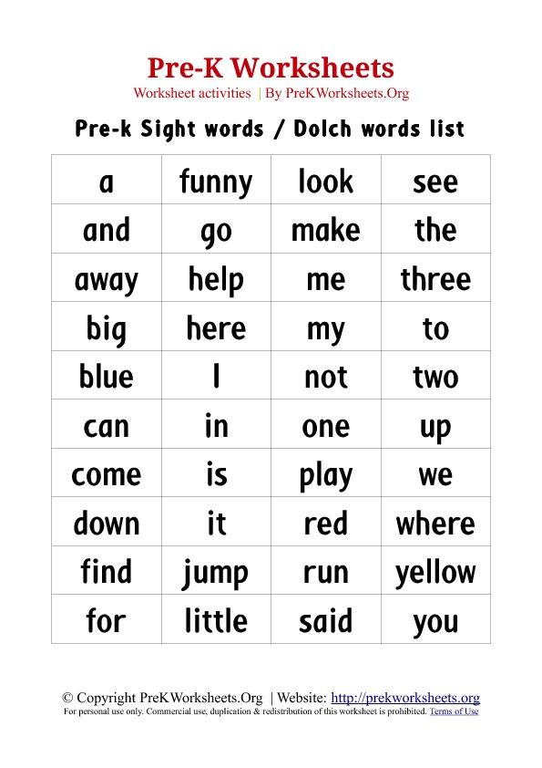 Children s Pre K Sight Words Dolch Words List Pdf Chart 