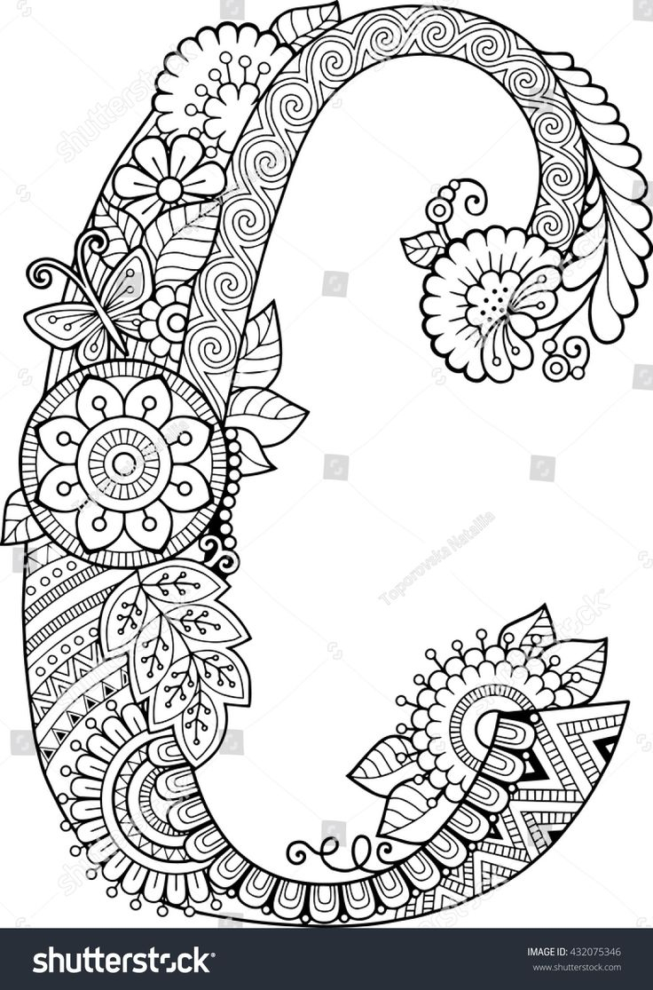 Coloring Book For Adults Floral Doodle Letter Hand Drawn 