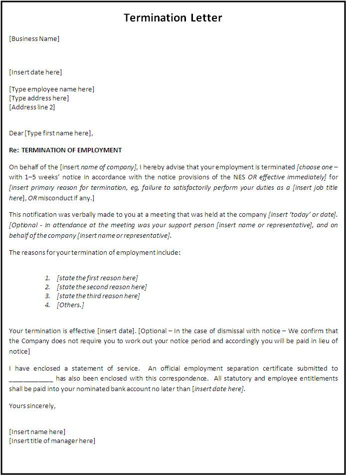 Employment Termination Letter Free Printable Documents 