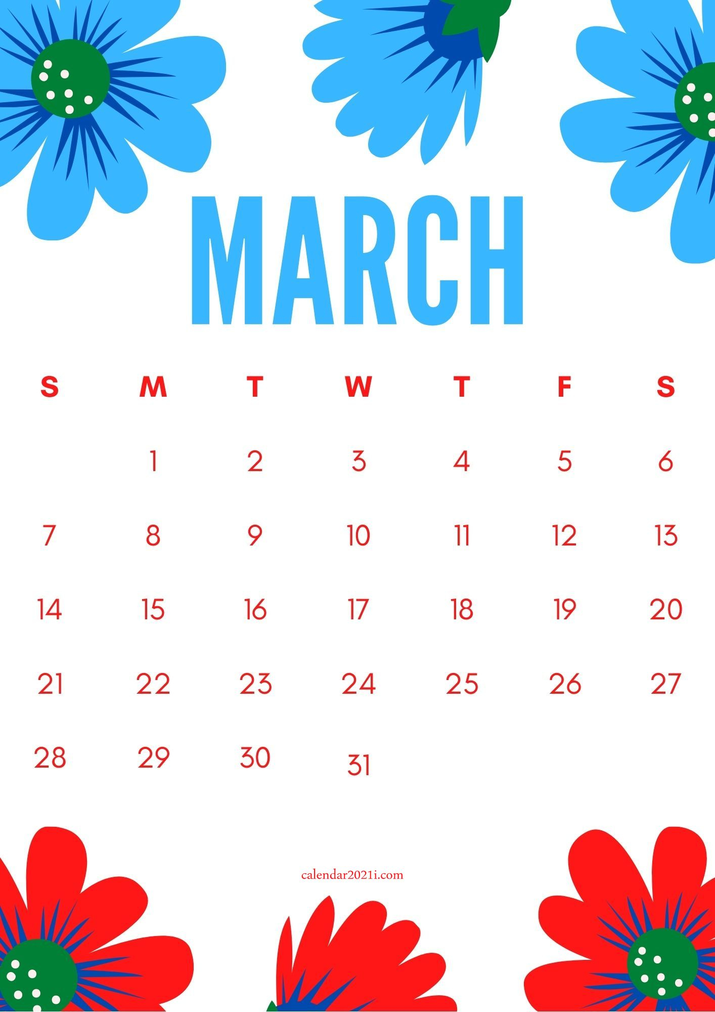 Floral March 2021 Calendar Printable Free Download 