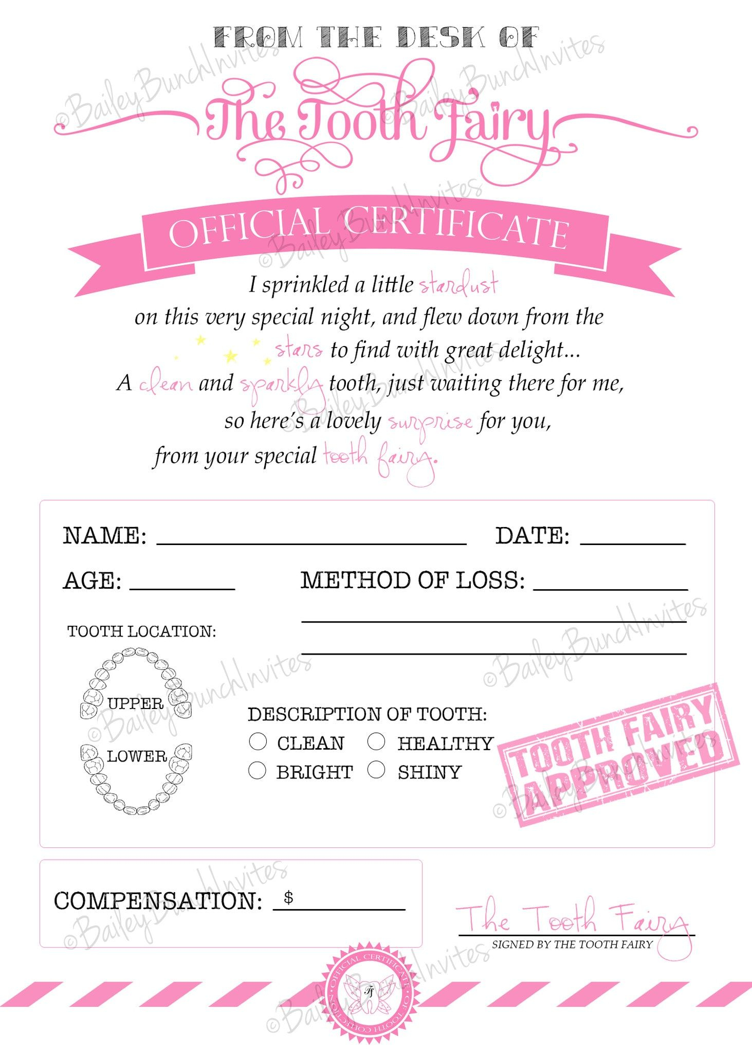 Tooth Fairy Certificate PINK INSTANT DOWNLOAD 