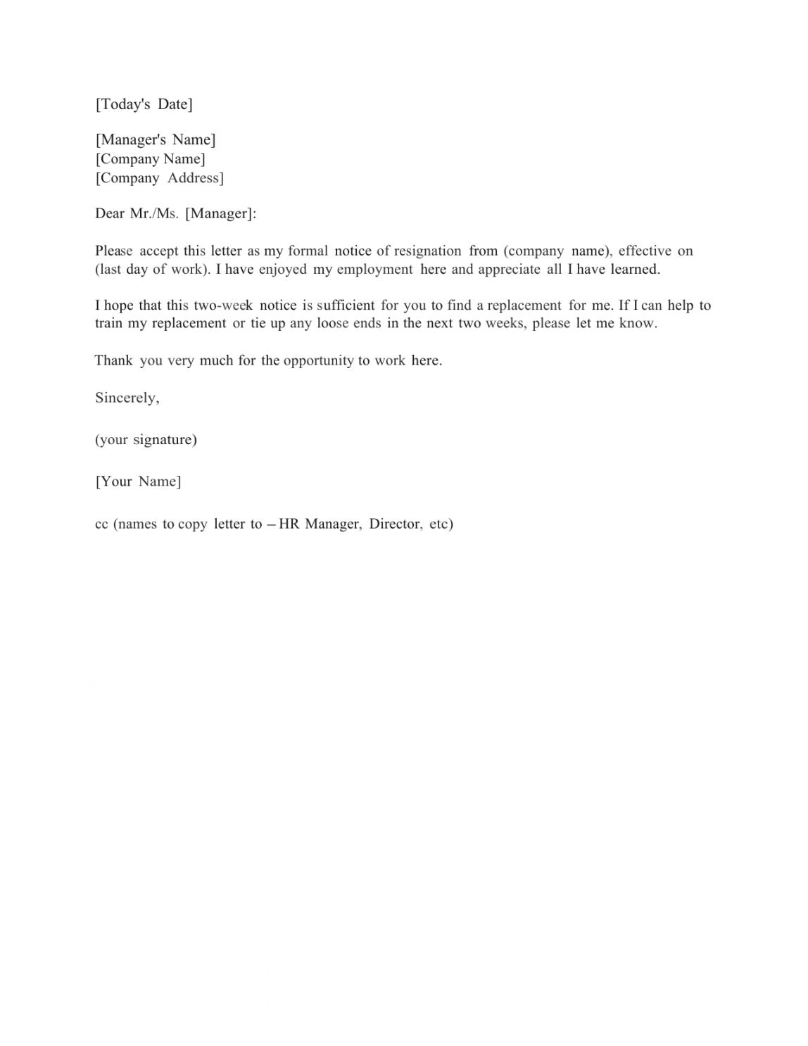 Explore Our Printable Two Weeks Notice Letter Template Pdf 