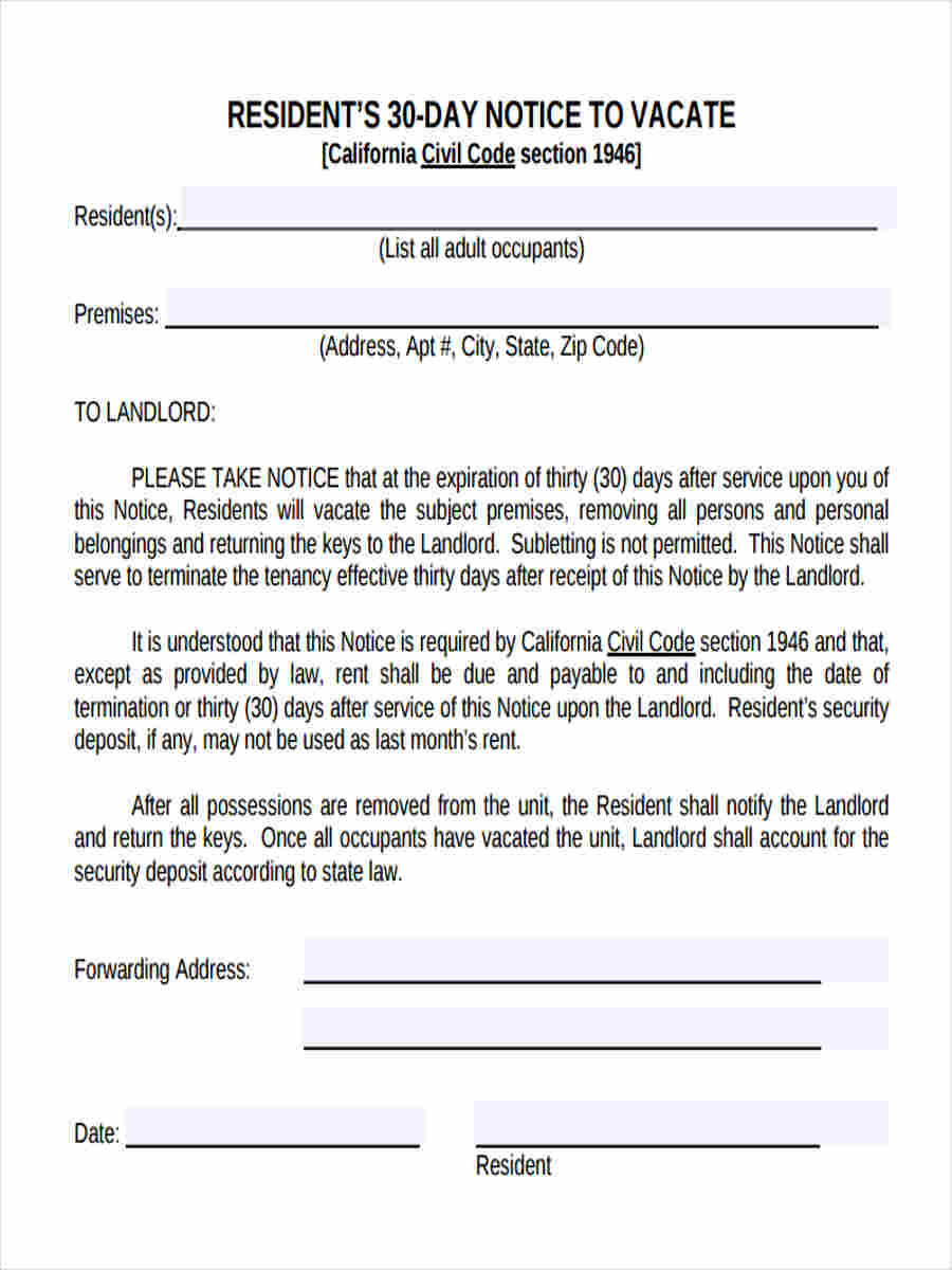 FREE 5 Sample 30 Day Notice To Vacate Forms In MS Word PDF