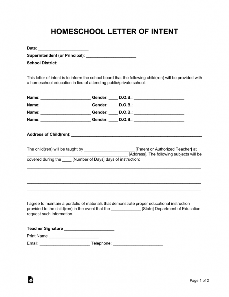 Free Homeschool Letter Of Intent Word PDF EForms