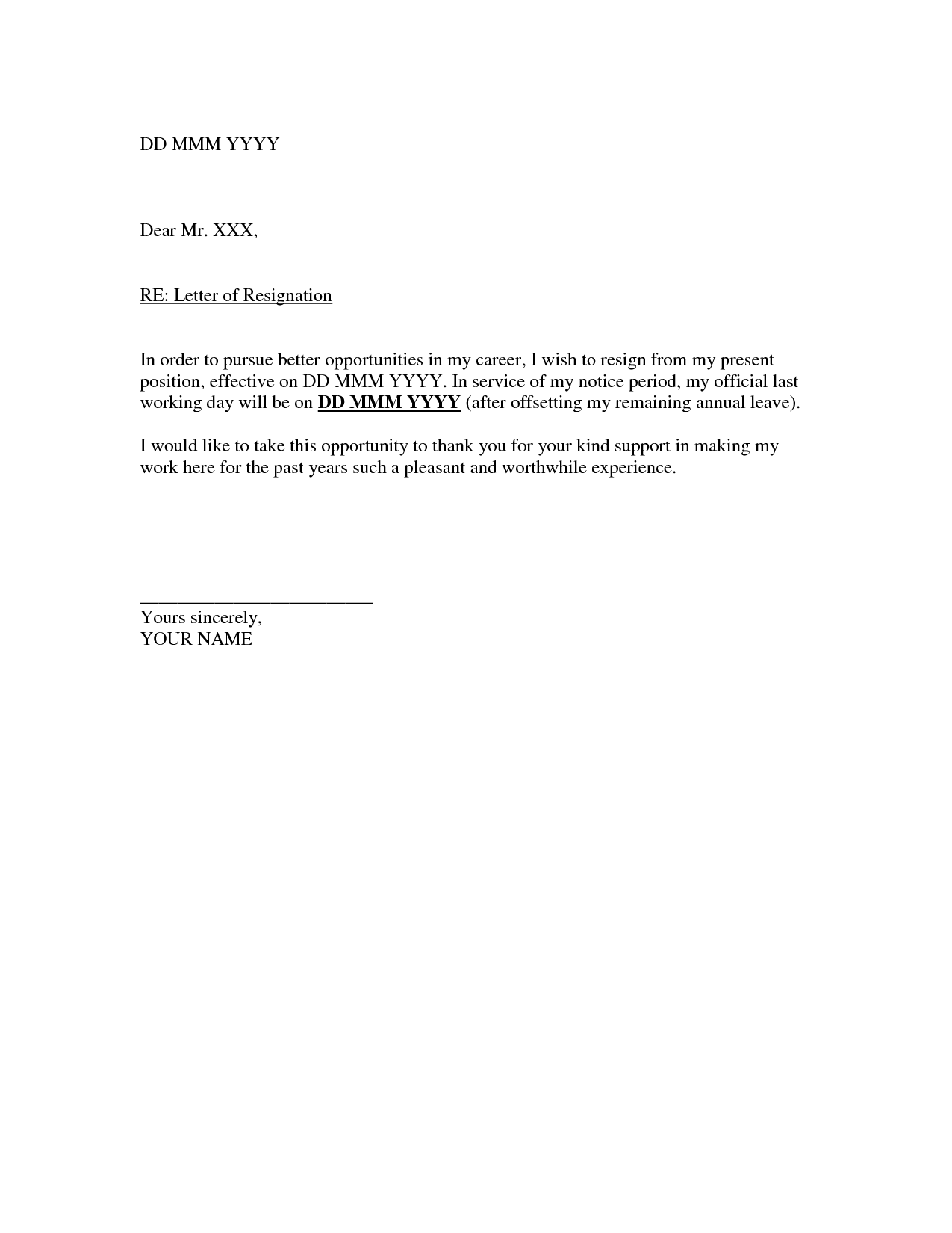 Free Printable Letter Of Resignation Form GENERIC 