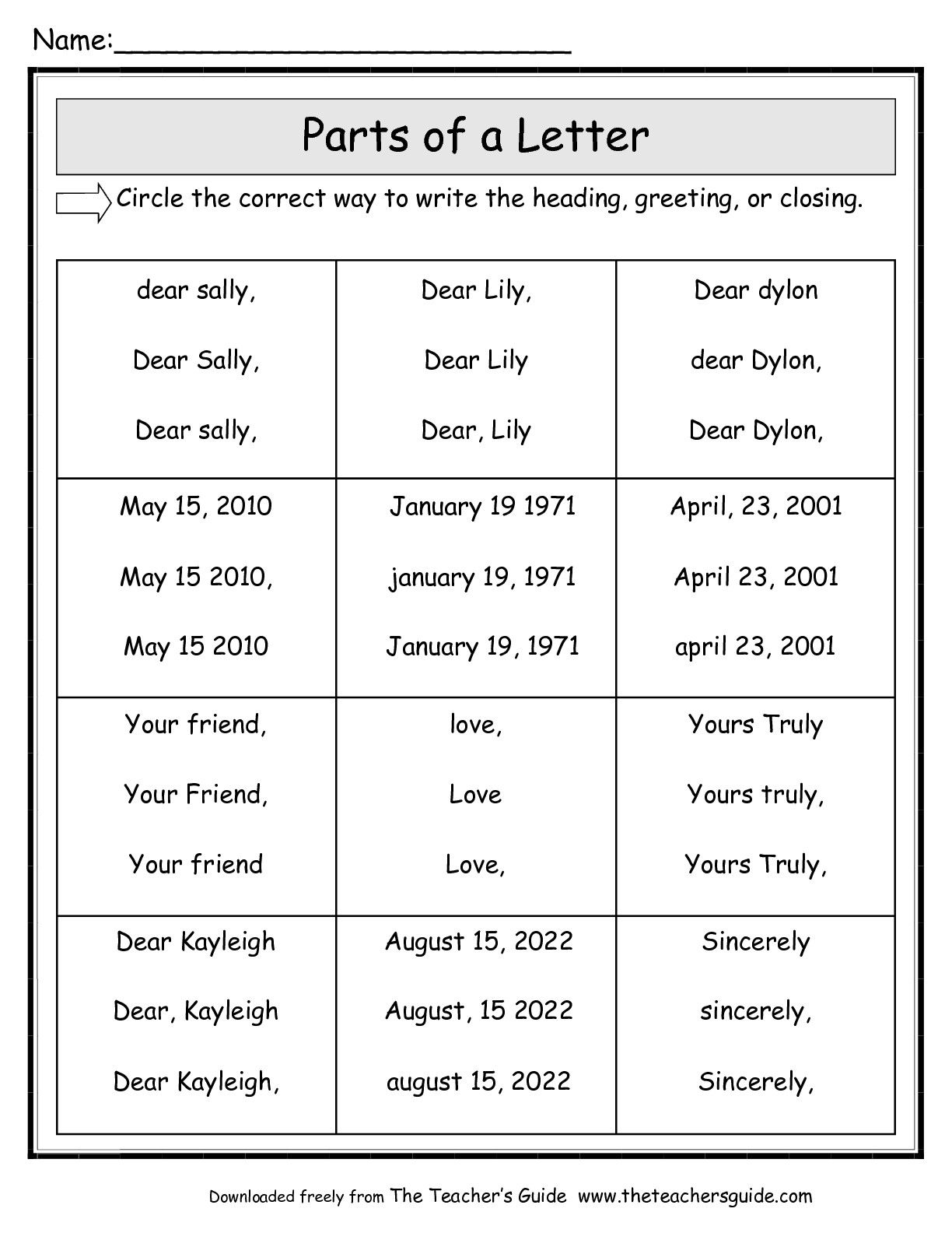 Friendly Letter Worksheets From The Teacher s Guide 