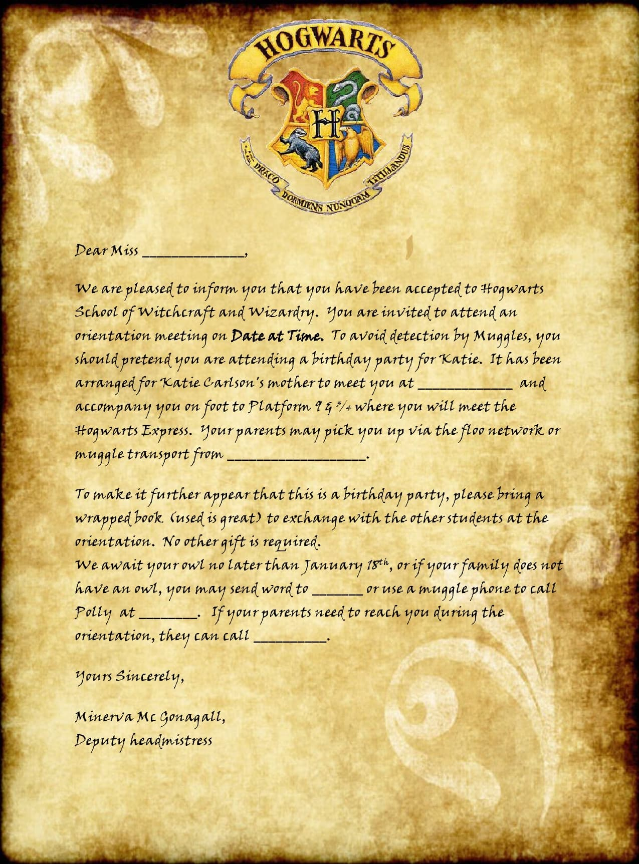Harry Potter Acceptance Letter Template Free Download