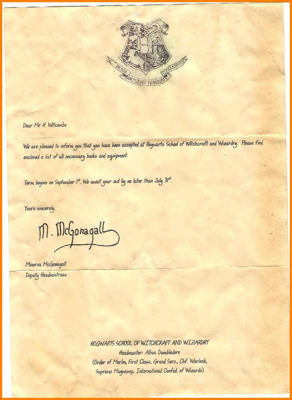 Harry Potter Letter From Hogwarts Printable