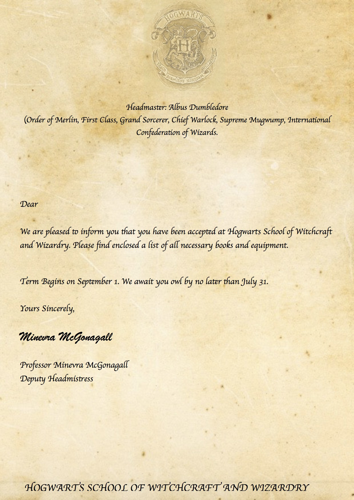 Hogwarts Acceptance Letter Envelope Template Printable 